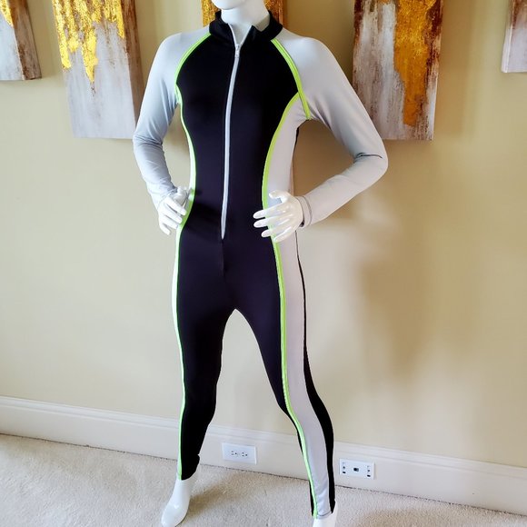 INC Bodycon Sexy Long Sleeve Neon Green Striped Color Block Zipper Jumpsuit SZ L - Picture 6 of 11